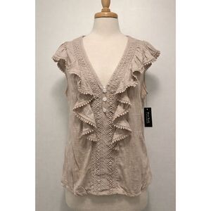 New York Laundry Boho Ruffle Embroidered V-Neck Top Size L NWT